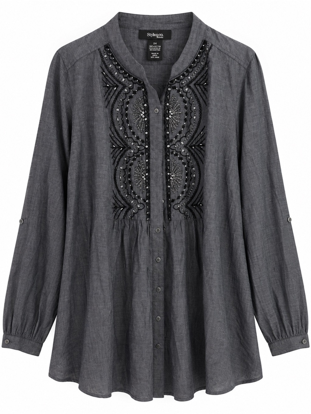 Style & Co. Charcoal Gray Embellished Tunic Blouse Size 2X Beaded Boho Plus Size